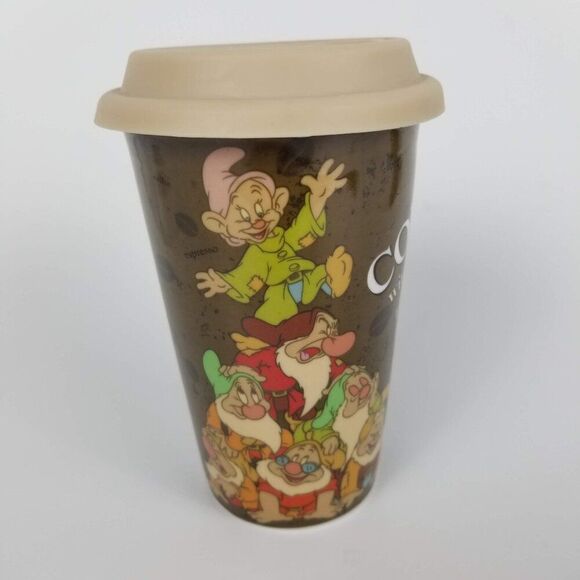 Disney Snow White Travel Coffee Mug Cup Tumbler Grumpy Dopey Dwarf Ceramic w Lid - Picture 1 of 9
